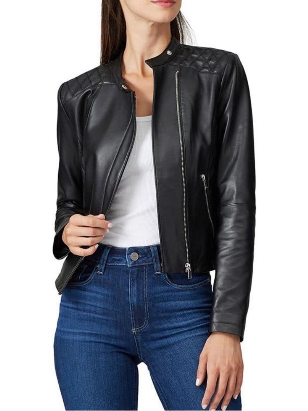 Slate & Willow Black Leather Moto Jacket with Quilted Shoulders